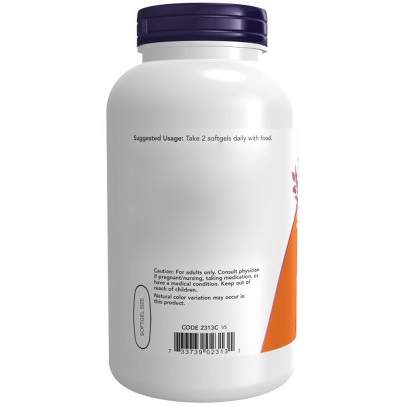 Achterkant van de fles. Oranje etiket met gebruiksaanwijzing. Bevat barcode en softgelcode. Merk: NOW.