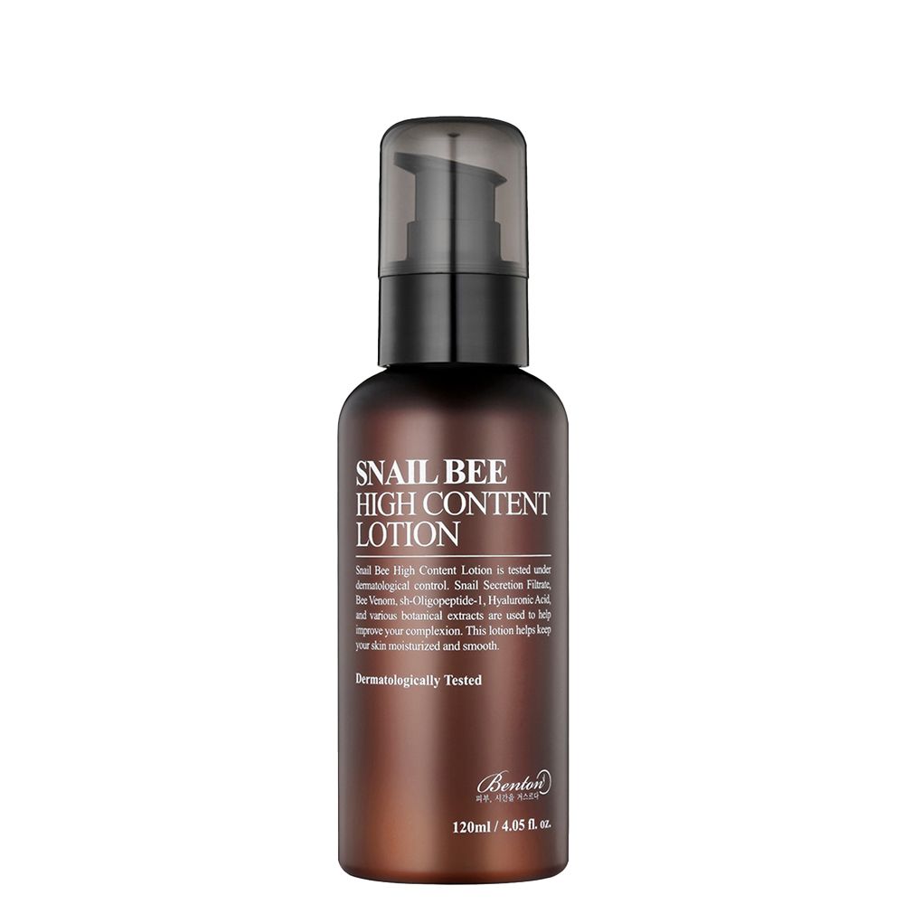 Flacon pompe marron contenant la lotion Benton Snail Bee High Content. Contient 120ml.