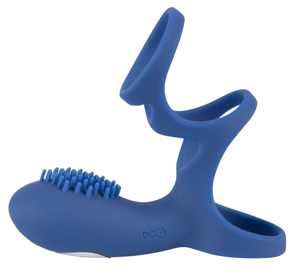 Anneau vibrant bleu avec des picots, vu de trois quarts.
