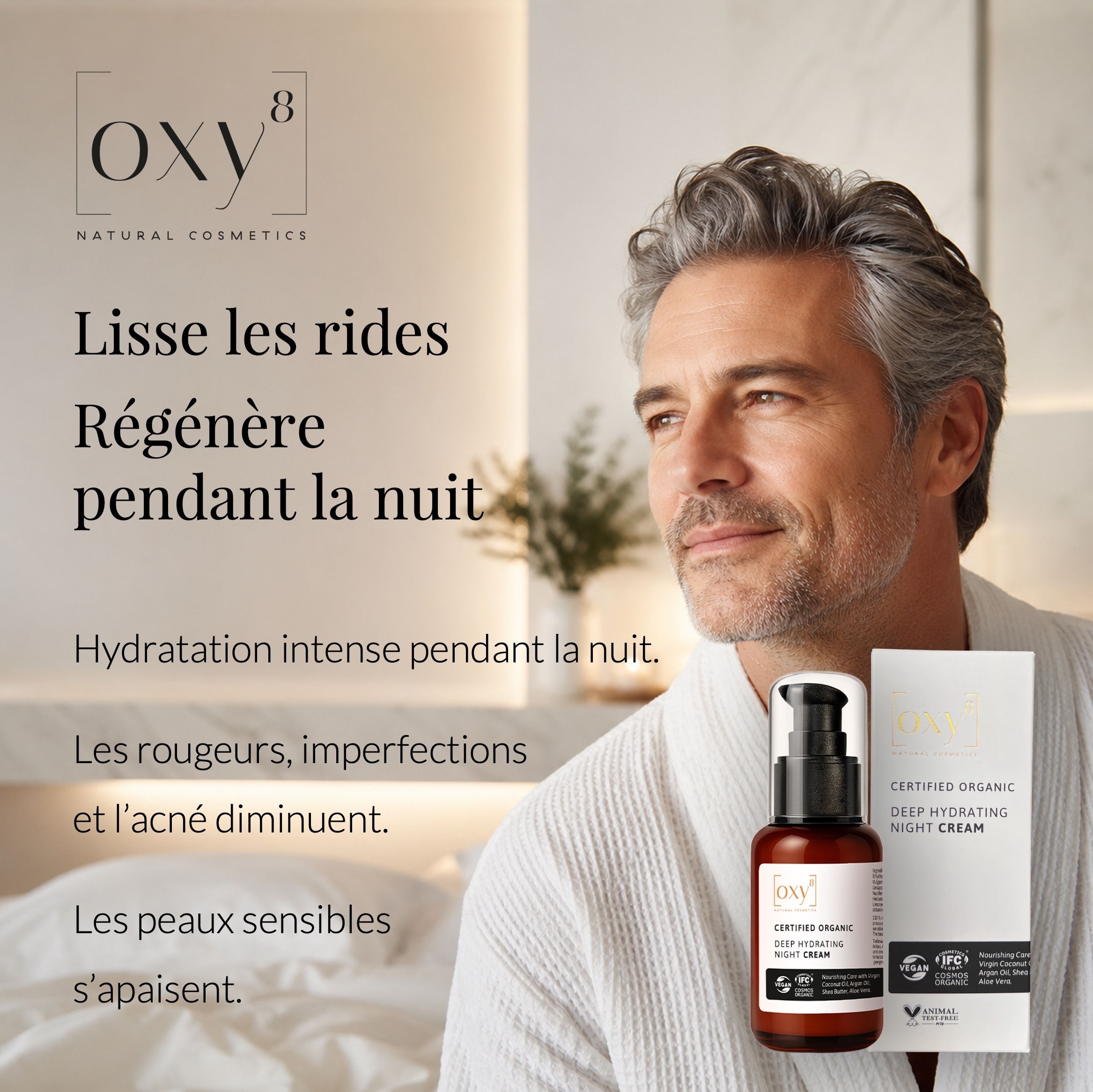 Homme avec crème de nuit OXY8 : Lisse les rides, régénère pendant la nuit.