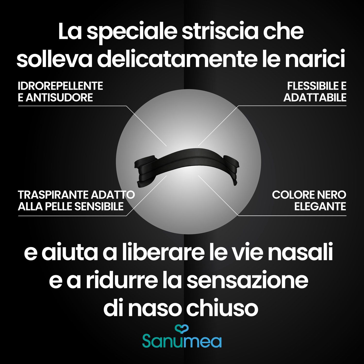 Un patch nasal noir avec des explications sur ses caractéristiques.