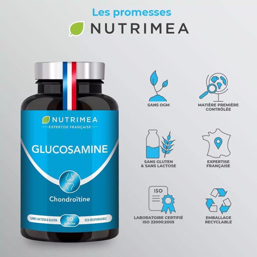 Flacon de Glucosamine, Chondroïtine. Sans OGM, sans gluten, sans lactose, qualité supérieure, certifié ISO, emballage recyclable.