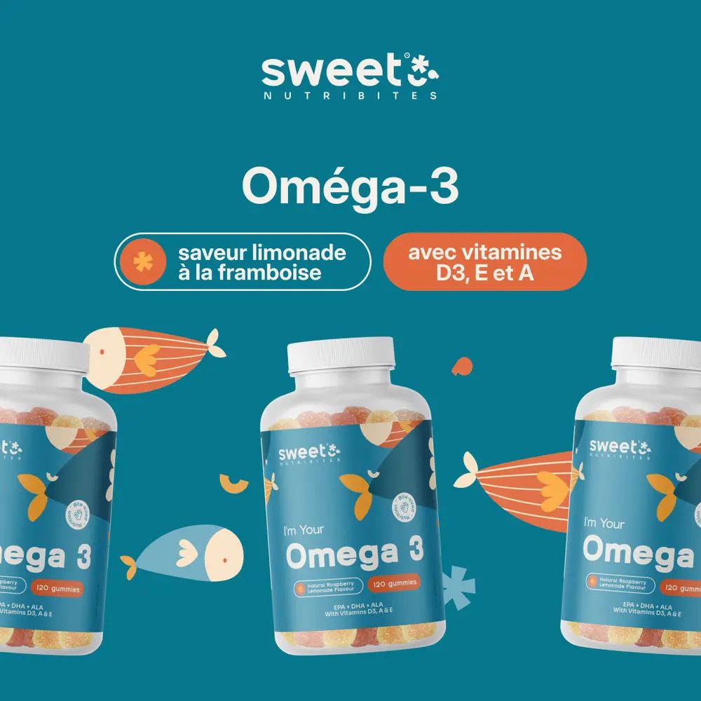 Trois flacons de gummies Oméga-3. Texte: Oméga-3, goût limonade à la framboise, avec vitamines D3, E et A.