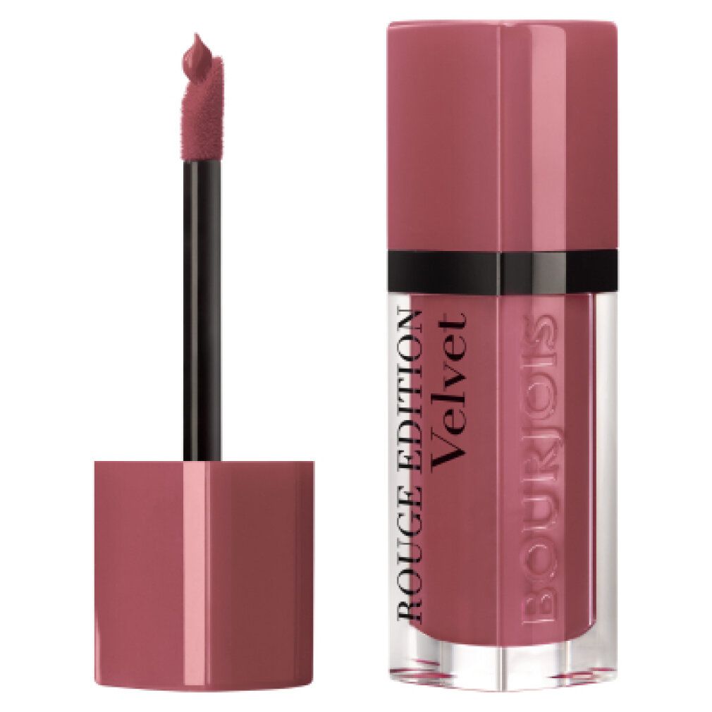 Lipstick met open dop en applicator. Opschrift: Rouge Edition Velvet en Bourjois. Zwarte applicator.
