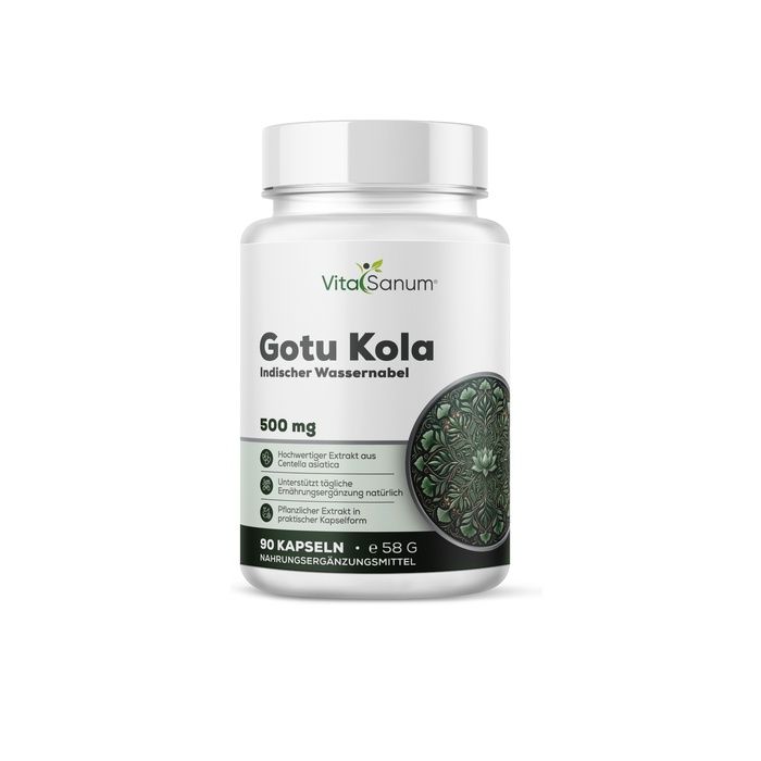 Gélules VitaSanum Gotu Kola: Flacon blanc de 90 gélules, 500 mg. Contient de l'extrait de Centella asiatica.