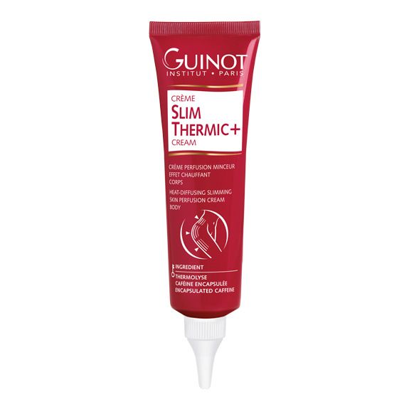 Rode tube met witte dop. Tekst: Guinot, Crème Slim Thermic+. Bevat Thermolyse en ingekapselde cafeïne.