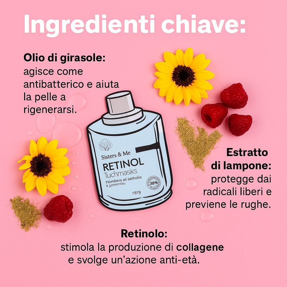 Infographic met product en ingrediënten. Zonnebloemen, frambozen en tekst. Roze achtergrond.