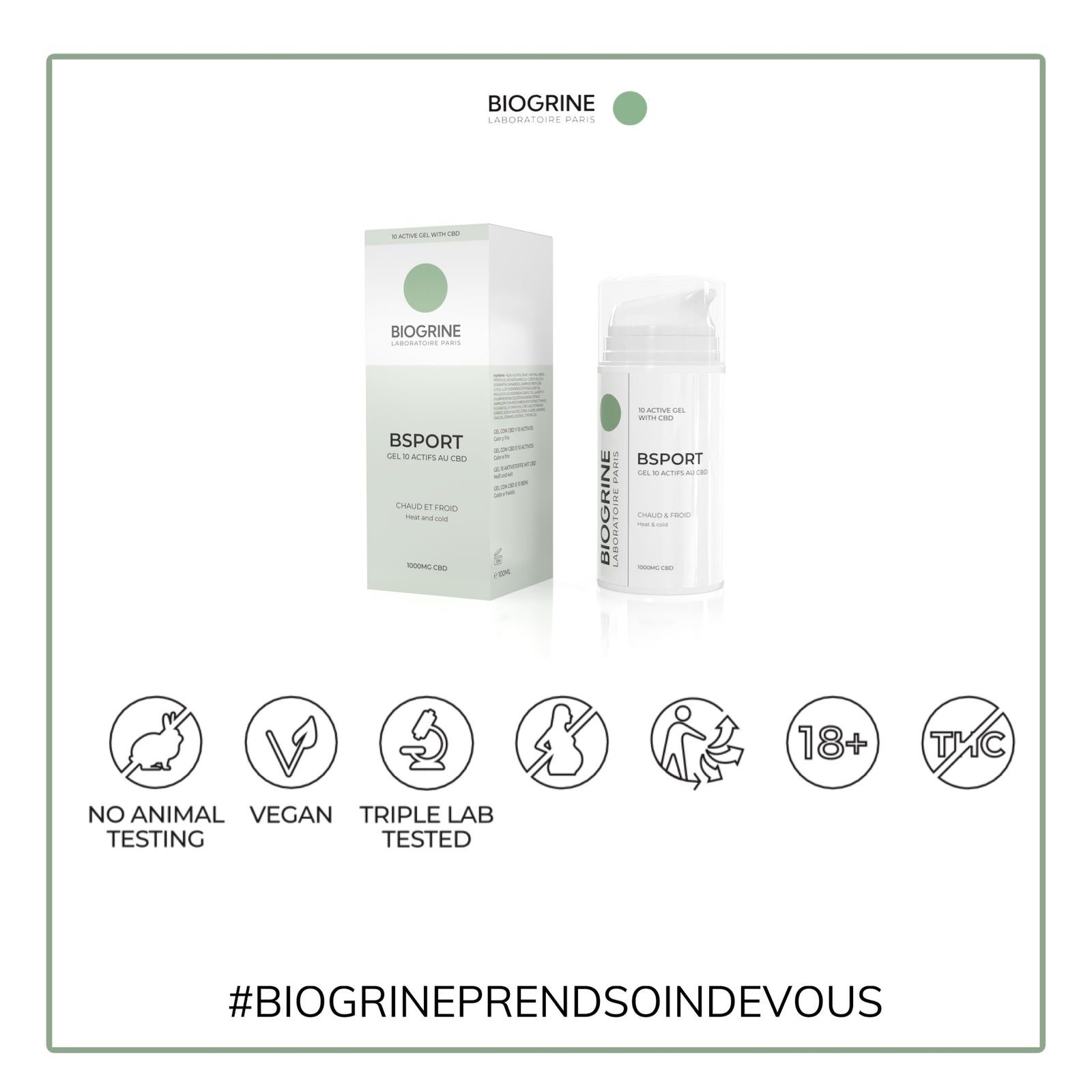 BIOGRINE BSPORT gel met CBD. Verpakking en fles. Logo's: No Animal Testing, Vegan, Triple Lab Tested, 18+, No THC.
