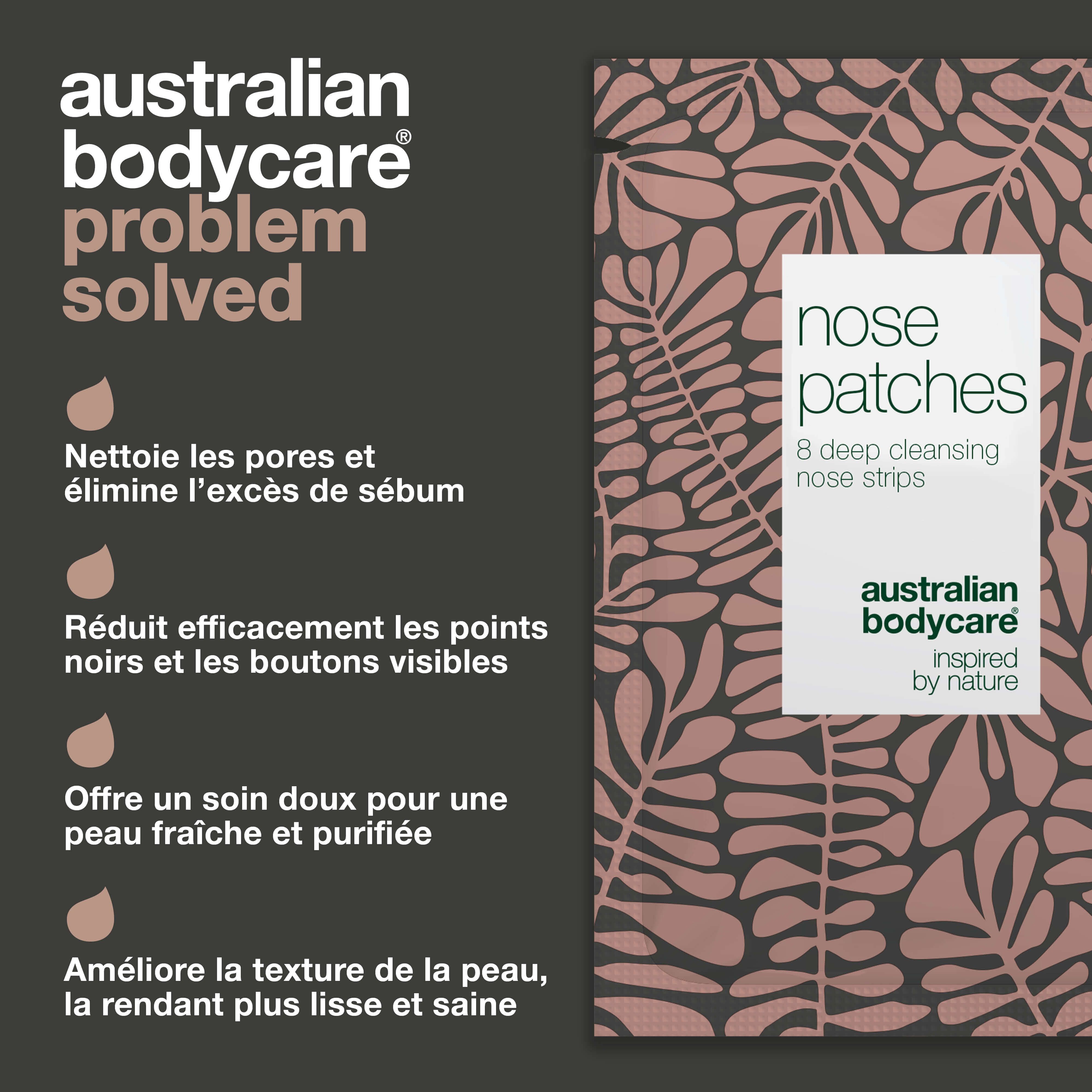 Texte: Australian Bodycare. Avantages des patchs. Nettoie les pores, réduit points noirs et boutons. Peau plus lisse.