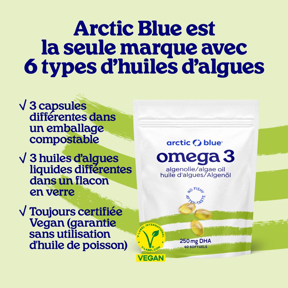 Pochette refermable avec capsules d'huile d'algues Arctic Blue Omega 3, mettant en avant les 6 types d'algues.