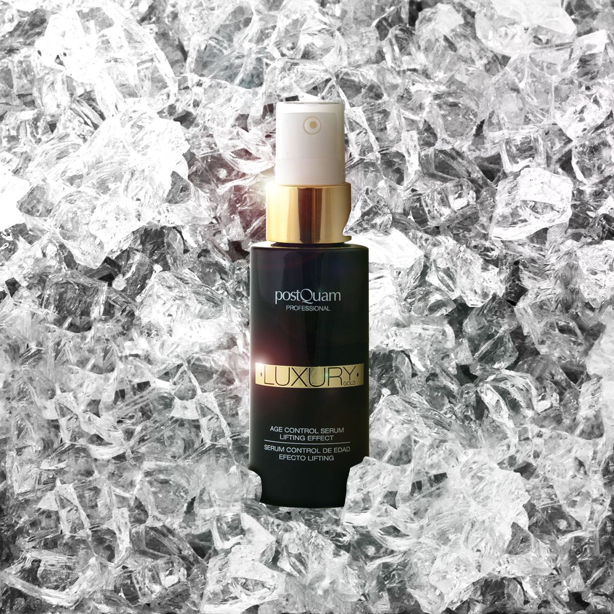 Flacon noir sur glace. Inscriptions: Postquam, Luxury, Age Control Serum, Lifting Effect.