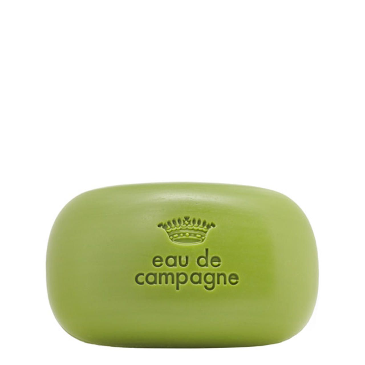 Groen stuk zeep met reliëf tekst: Eau de Campagne en kroon. Ovale vorm.
