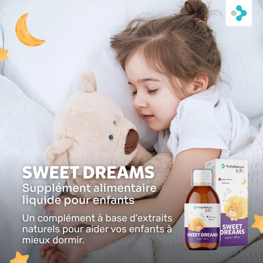 Enfant dormant avec un ours en peluche. Flacon et emballage de FutuNatura Kids Sweet Dreams. Texte: Complément alimentaire.