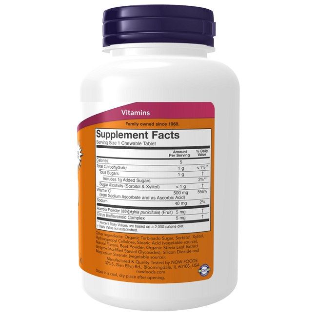 Achterkant van Now Foods Vitamine C-500 kauwtabletten, 100 stuks. Bevat voedingsfeiten.