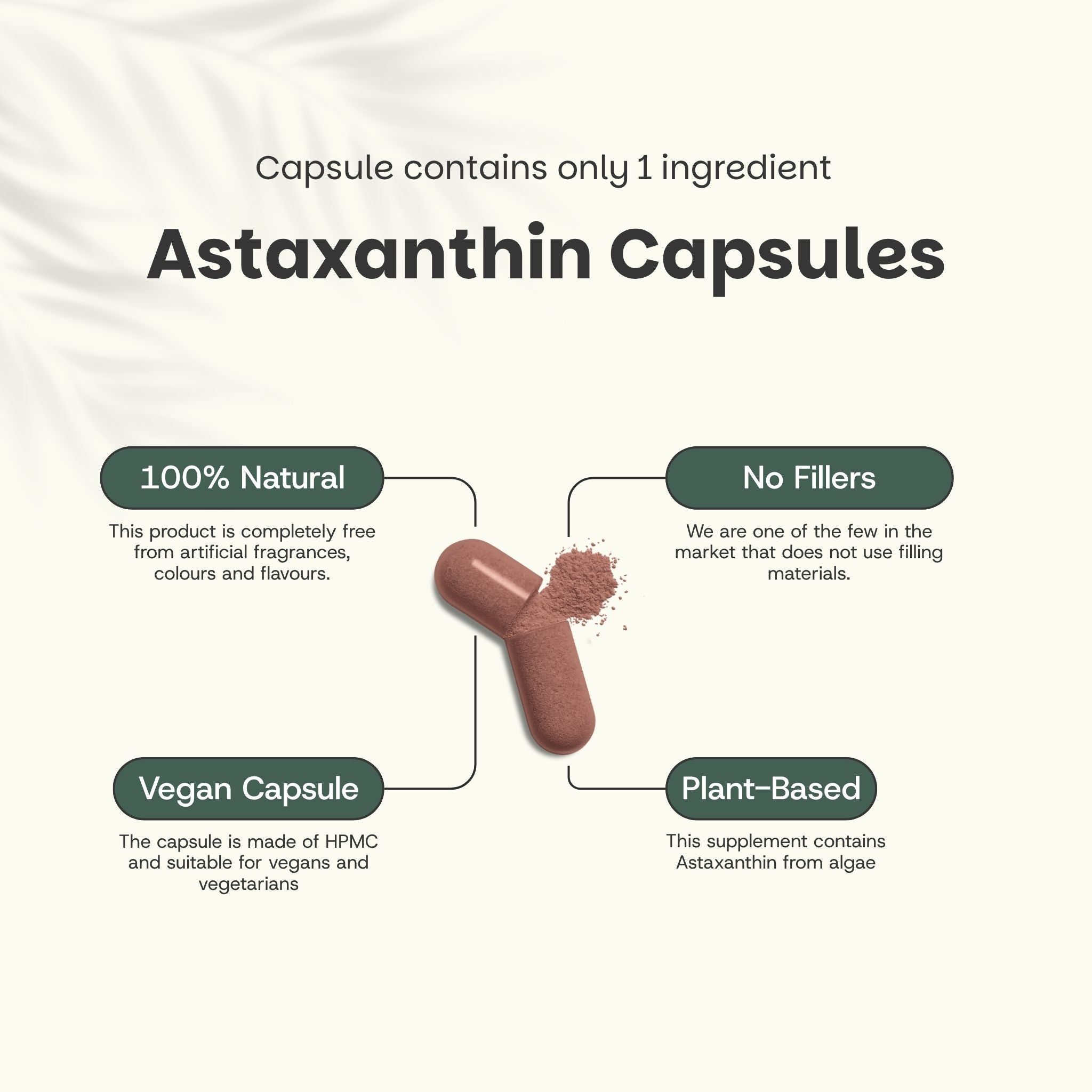 Gélule d'astaxanthine brune avec contenu. Texte : « Gélules d'astaxanthine ». 100 % naturel. Végétalien. Végétal.