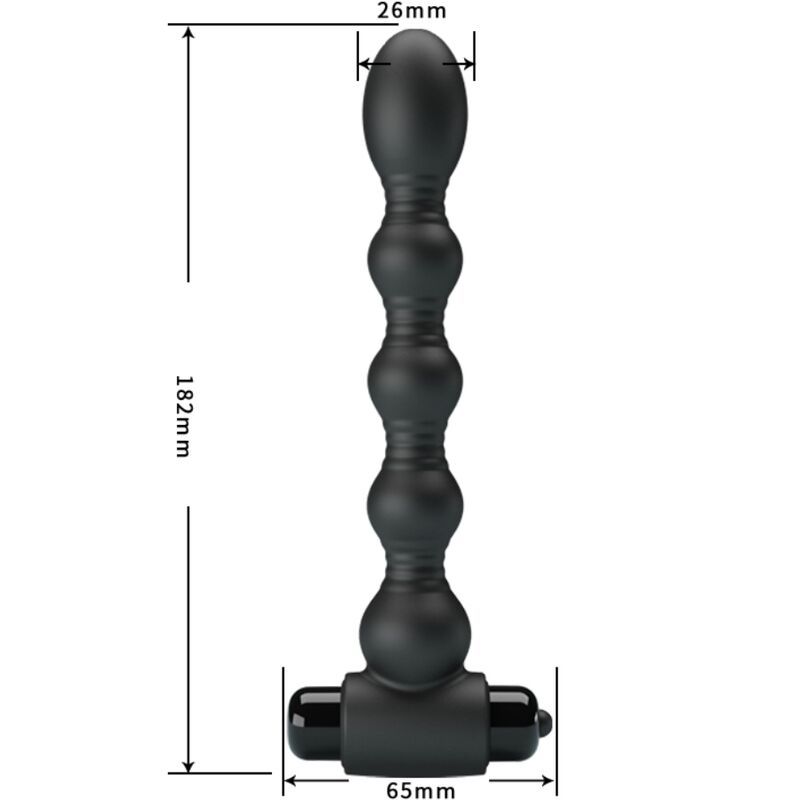 Plug anal noir perlé, 182mm de long, 26mm de large à l'extrémité, 65mm de large à la base.