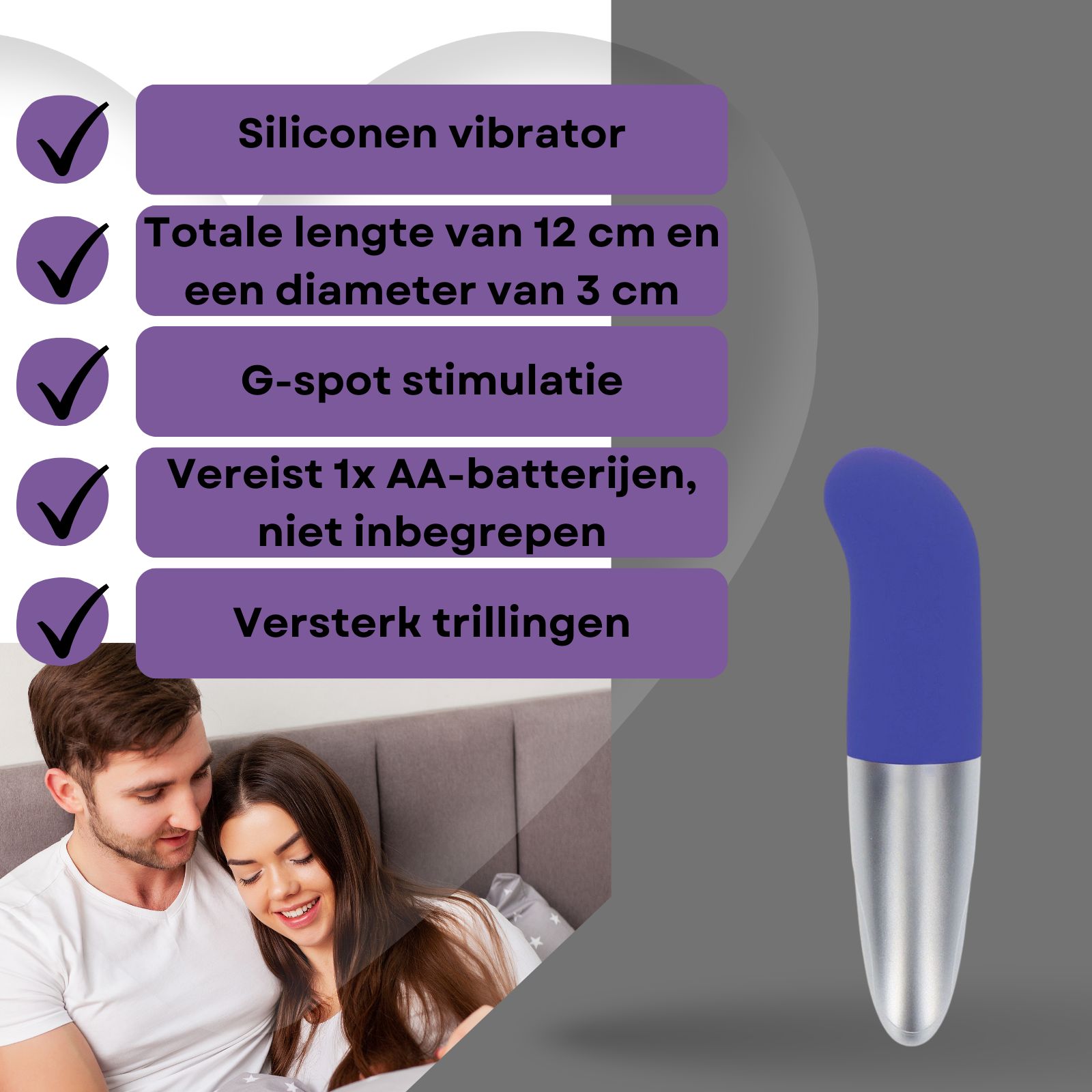 Blauwe vibrator met zilveren uiteinde. Lengte 12 cm, diameter 3 cm. G-spot stimulatie.