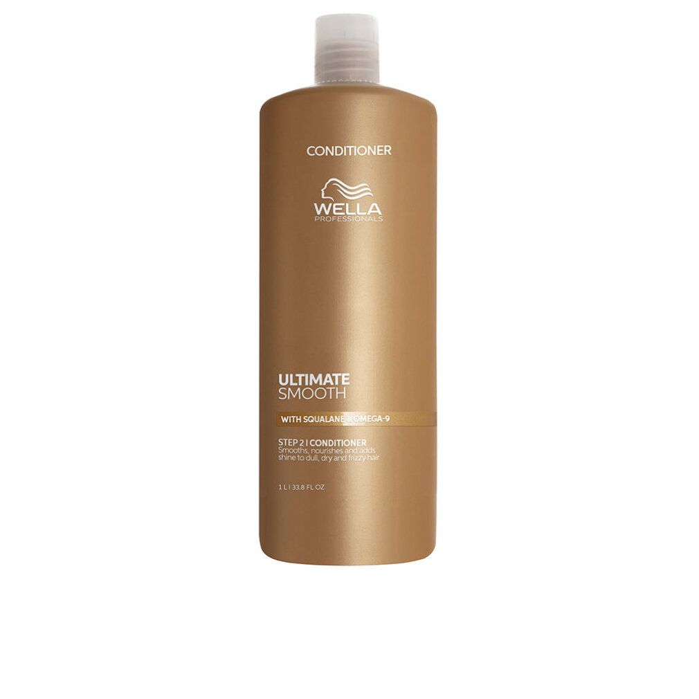 Flacon doré avec bouchon blanc. Inscription: Wella, Ultimate Smooth, Conditioner. 1L.