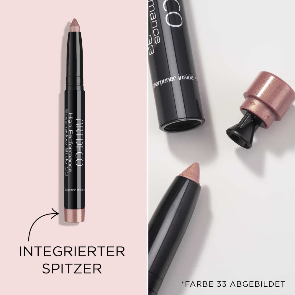 ARTDECO High Performance Eyeshadow Stylo, kleur 33, met ingebouwde puntenslijper. Naast een geopende huls.