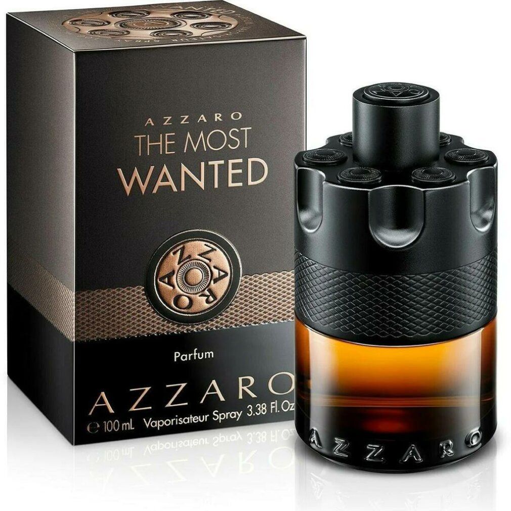 Zwarte fles met bruine vloeistof en zwarte verpakking. Opschrift: Azzaro The Most Wanted Parfum.
