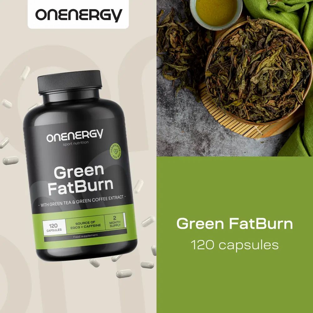 OnEnergy Green FatBurn fles naast gedroogde groene theebladeren.