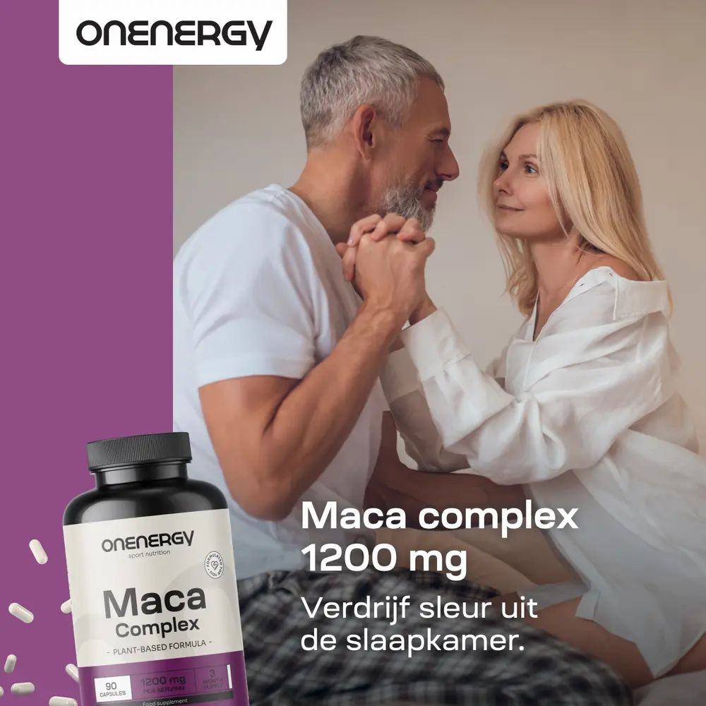 Maca complex 1200 mg. Koppel in bed. OnEnergy logo. Tekst: Geniet van intieme momenten.