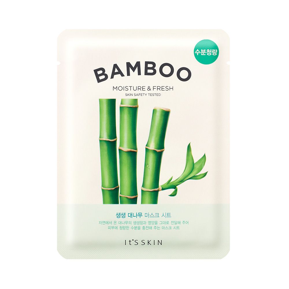 Verpakking met bamboe-illustratie. Tekst: BAMBOO MOISTURE & FRESH. Groen-witte gezichtsmasker met bamboe-afbeelding.