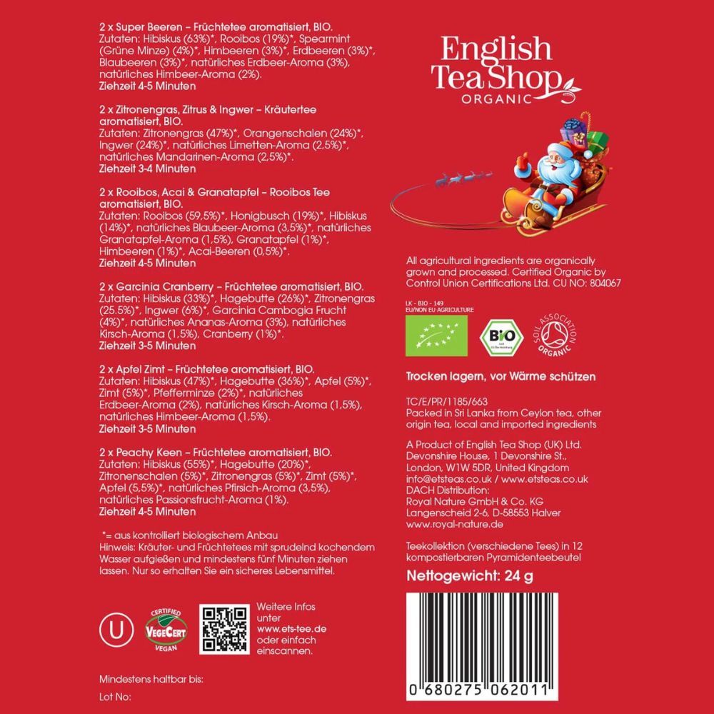 Achterkant van de geschenkdoos. Tekst: ingrediënten, bereiding, voedingswaarde. Logo: English Tea Shop, bio-keurmerk, EU bio-logo.
