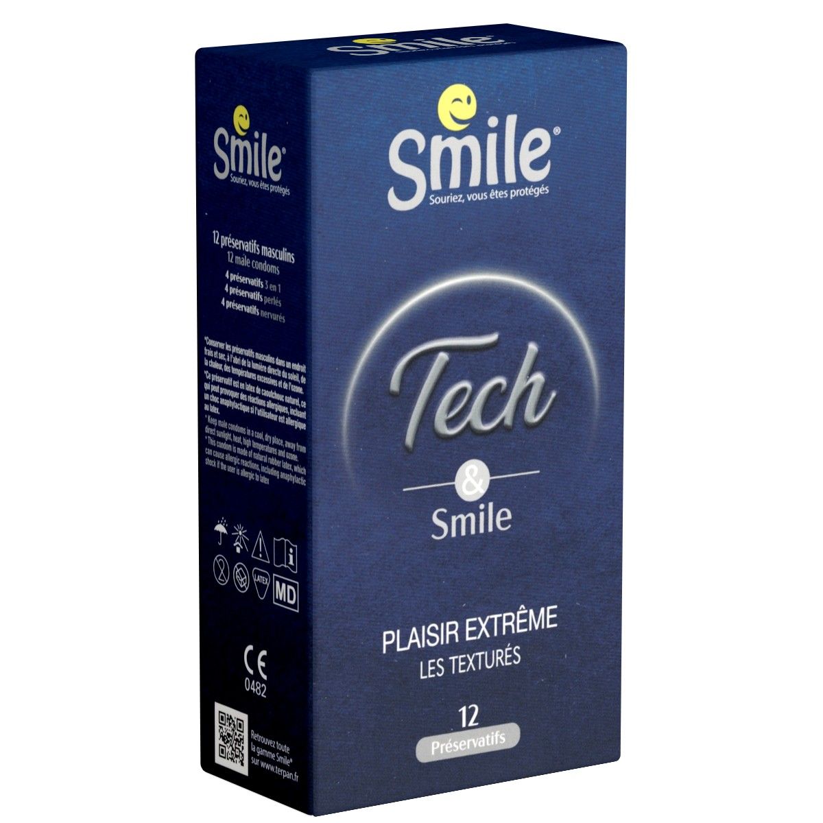 Boîte bleue avec logo "Smile Tech & Smile". Texte: "Plaisir extrême les texturés", 12 préservatifs. Marquage CE.