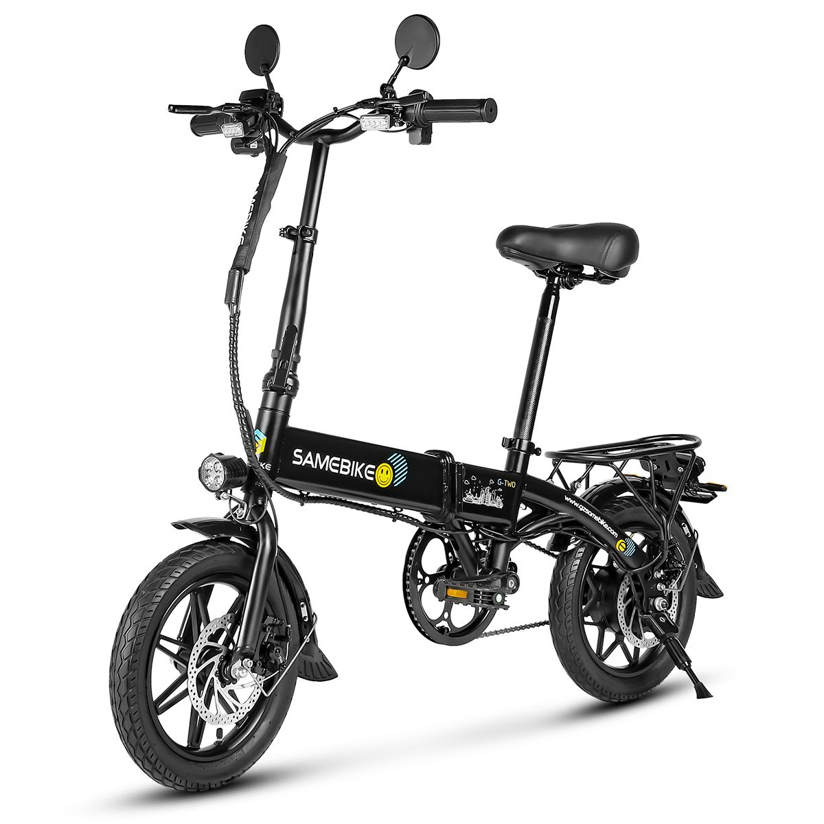 Vélo électrique SAMEBIKE YINYU14 noir. Guidon avec rétroviseurs, phare, selle, porte-bagages, jantes et pneus visibles.