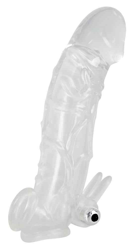 Manchon pénien transparent avec fonction de vibration. Forme de pénis avec ailes. Fonction de vibration visible.