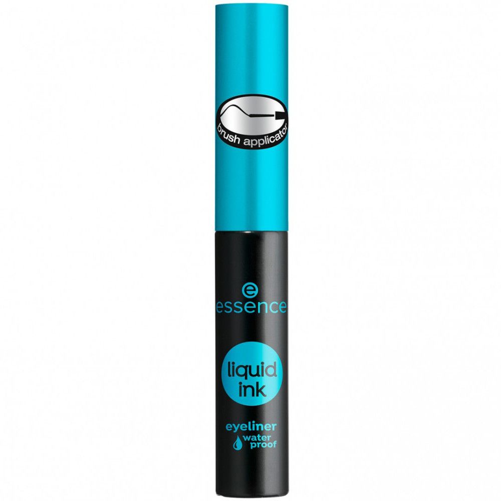 Flacon d'eye-liner noir avec bouchon bleu et applicateur. Inscription: liquid ink, eyeliner waterproof. Marque: essence.