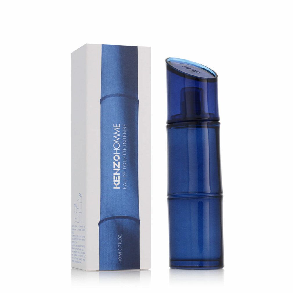 Kenzo Homme Intense Eau de Toilette. Flacon et emballage. Flacon bleu, boîte blanche avec motif bambou bleu.