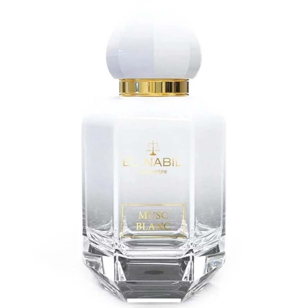 Flacon de parfum blanc, détails dorés, bouchon blanc. Inscription: Musc Blanc, El Nabil.