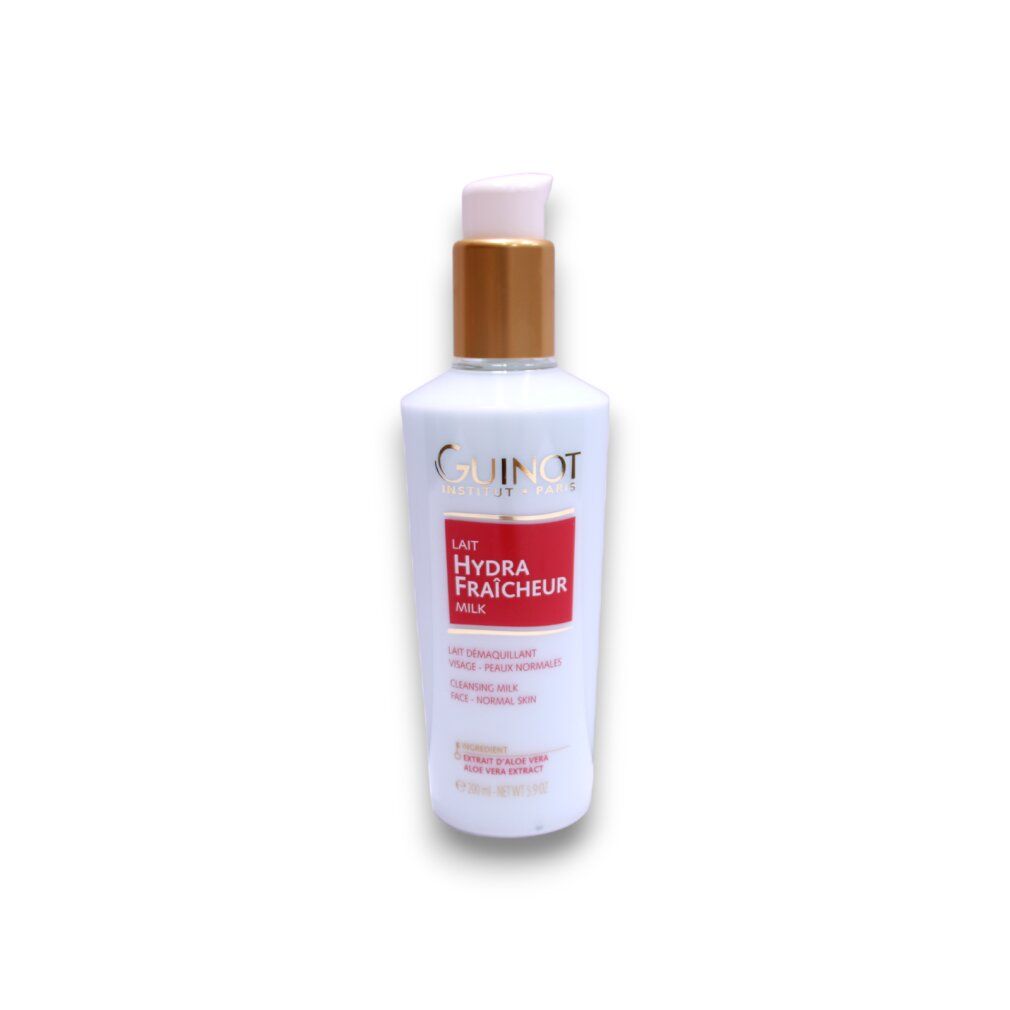 Guinot Lait Hydra Fraicheur lait nettoyant, bouteille blanche avec pompe, accent doré.