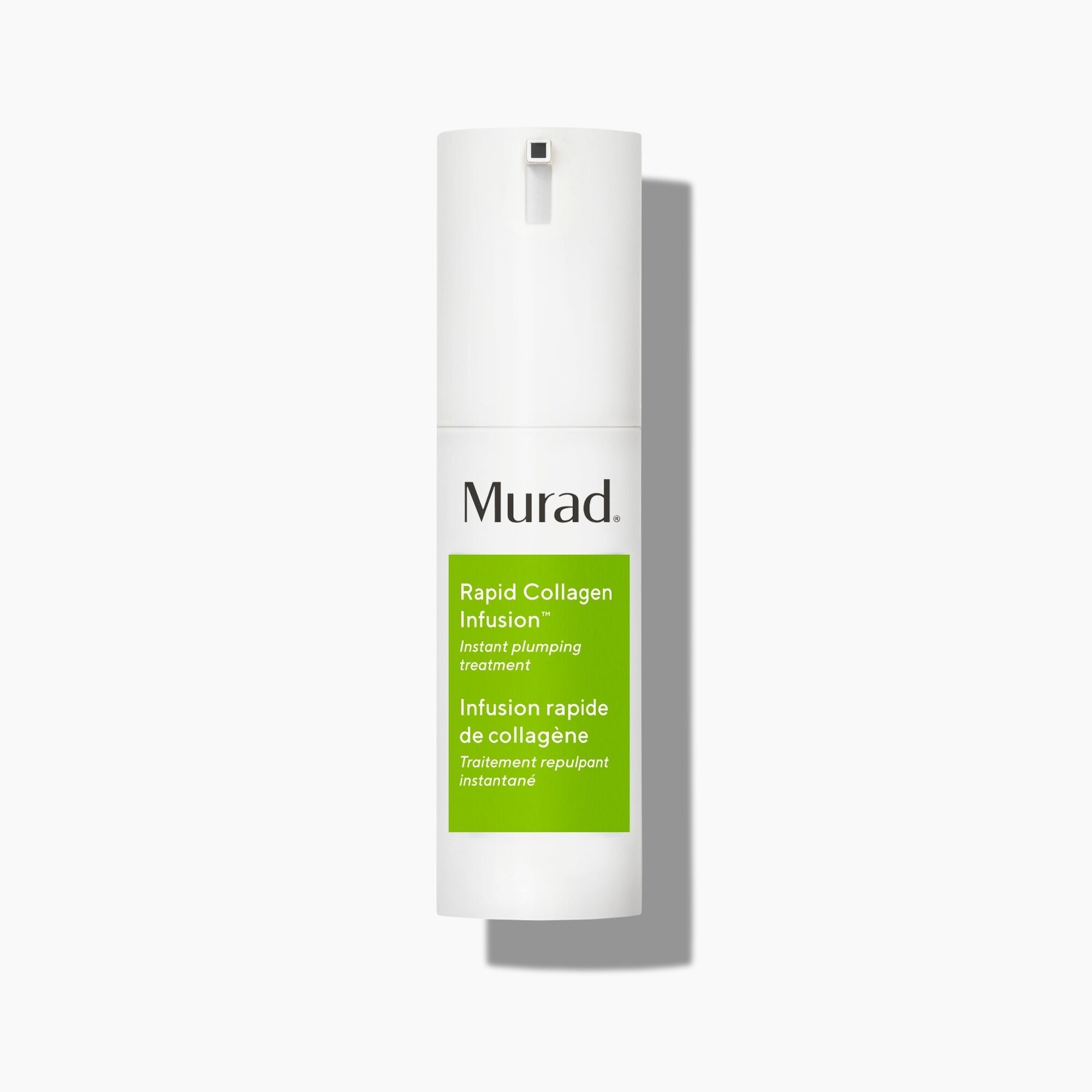 Flacon blanc Murad avec pompe. Texte: Murad, Rapid Collagen Infusion. Étiquette verte avec texte. Traduction française.