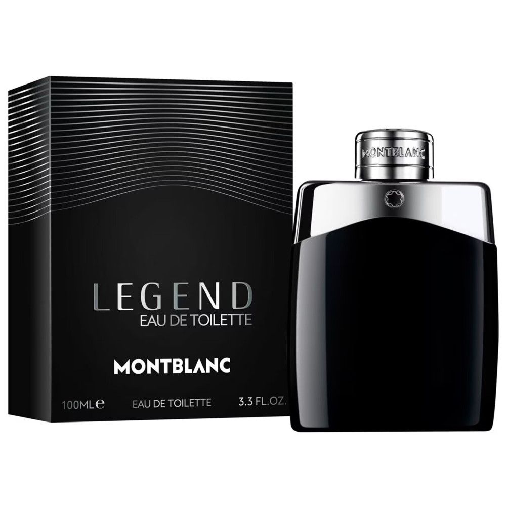 Flacon noir, bouchon argenté, emballage. Inscription: LEGEND, MONTBLANC. Eau de Toilette.