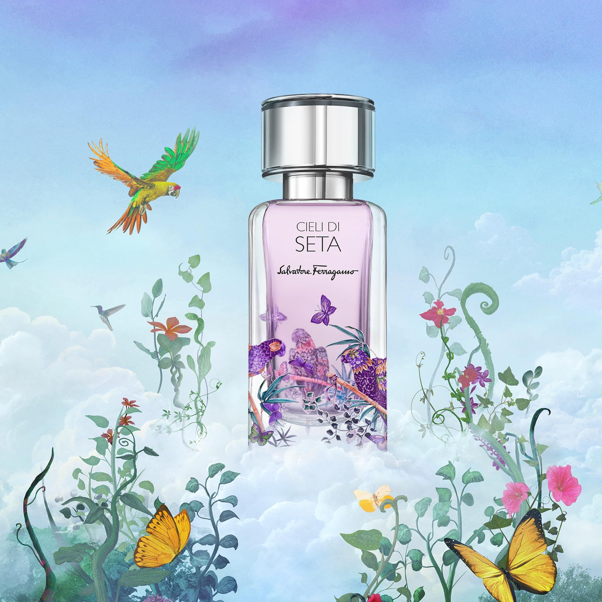 Flacon de parfum Cieli di Seta, Salvatore Ferragamo. Illustrations de perroquet, papillons et plantes. Fond : ciel.