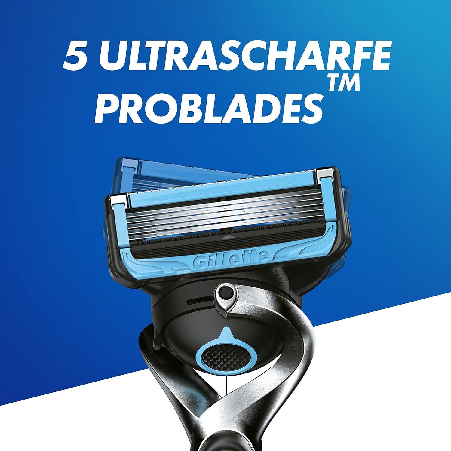 Tête de rasoir avec cinq lames. Accents bleus. Texte: 5 Problades ultra-tranchantes.