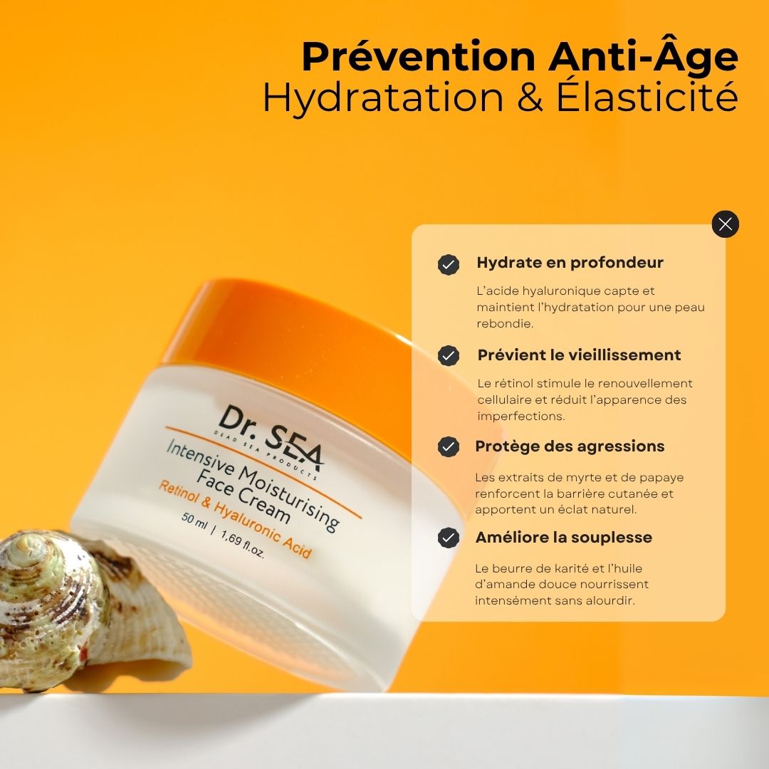 Pot de crème avec couvercle. Texte : "Prévention Anti-Âge". Ingrédients : Rétinol, Acide hyaluronique. Coquillages en arrière-plan.