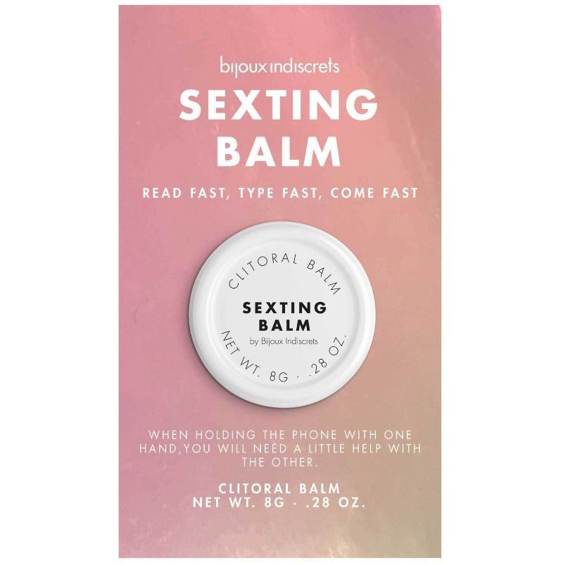 Verpakking van Bijoux Indiscrets Sexting Balm met een potje erop. Kleurverloop van blauw naar roze.