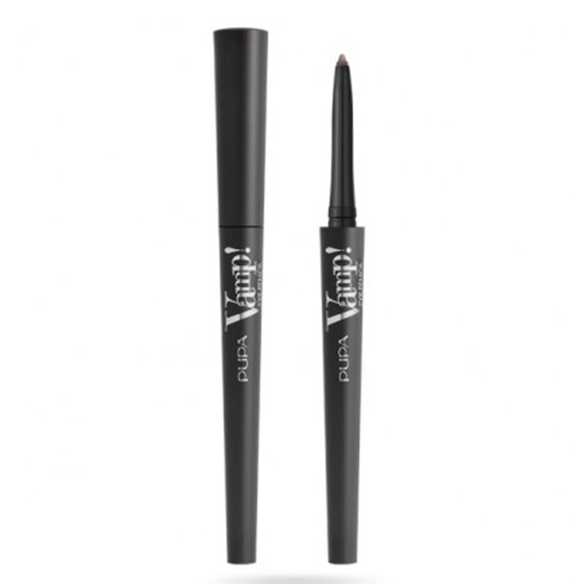 Crayon eyeliner noir avec capuchon ouvert et fermé. Inscription : Pupa Vamp!