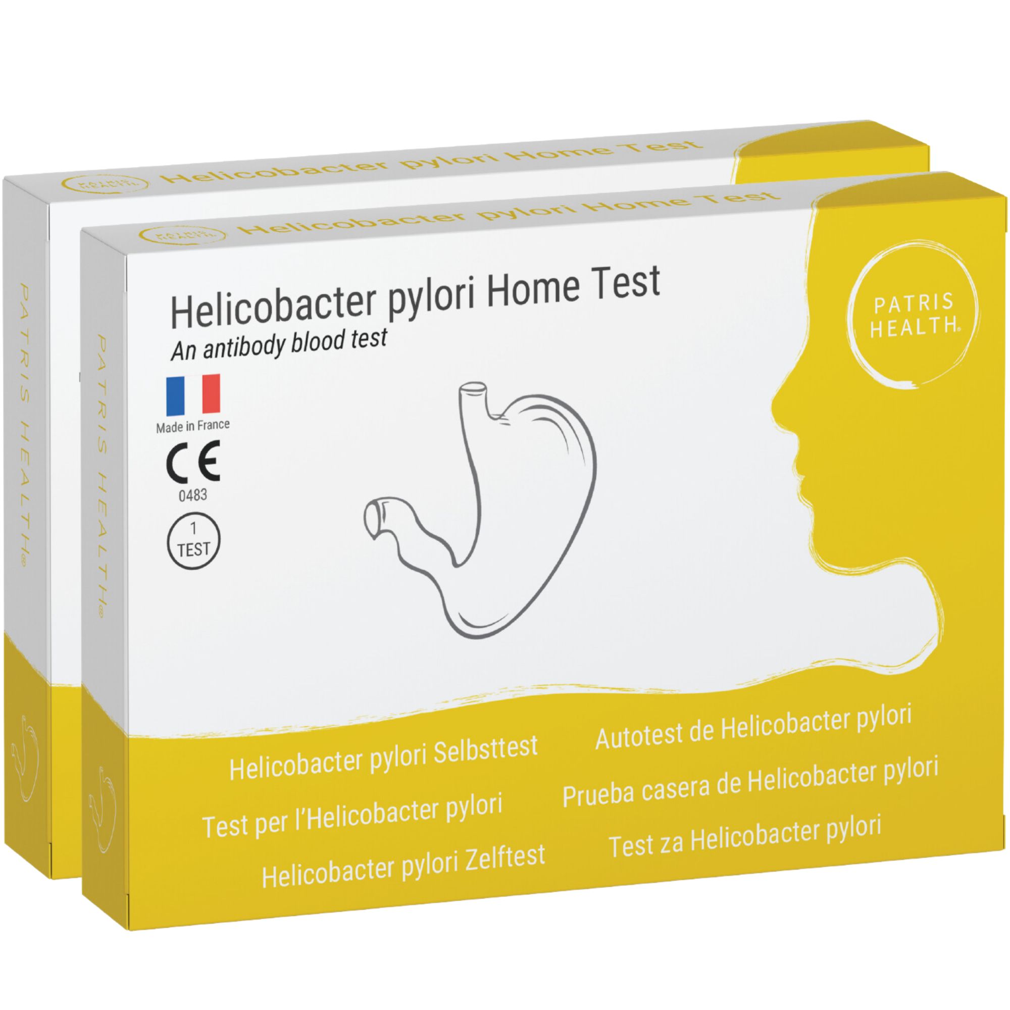 Twee verpakkingen Helicobacter pylori Home Test. Verpakking met productnaam, logo en certificeringen.