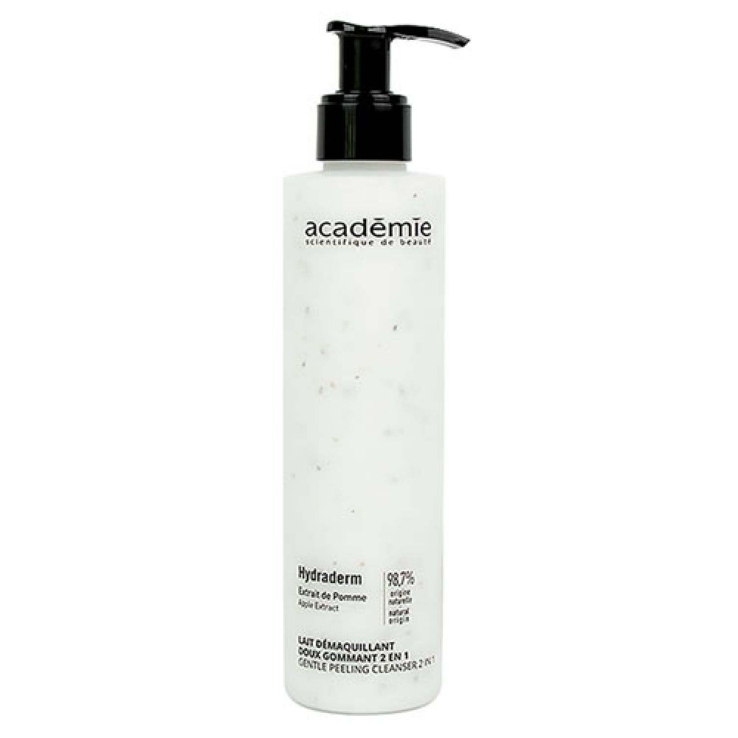 Wit Académie-product met zwarte pomp. Tekst: Hydraderm, Lait Demaquillant Doux Gommant 2en1. 98,7% ingrediënten van natuurlijke oorsprong.