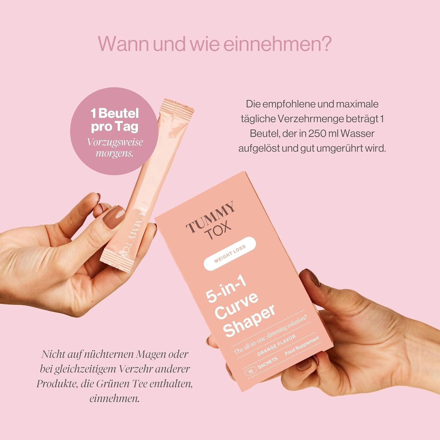 Mains tenant un paquet et un sachet de Tummy Tox 5-in-1 Curve Shaper. Prise recommandée : 1 sachet par jour, de préférence le matin.