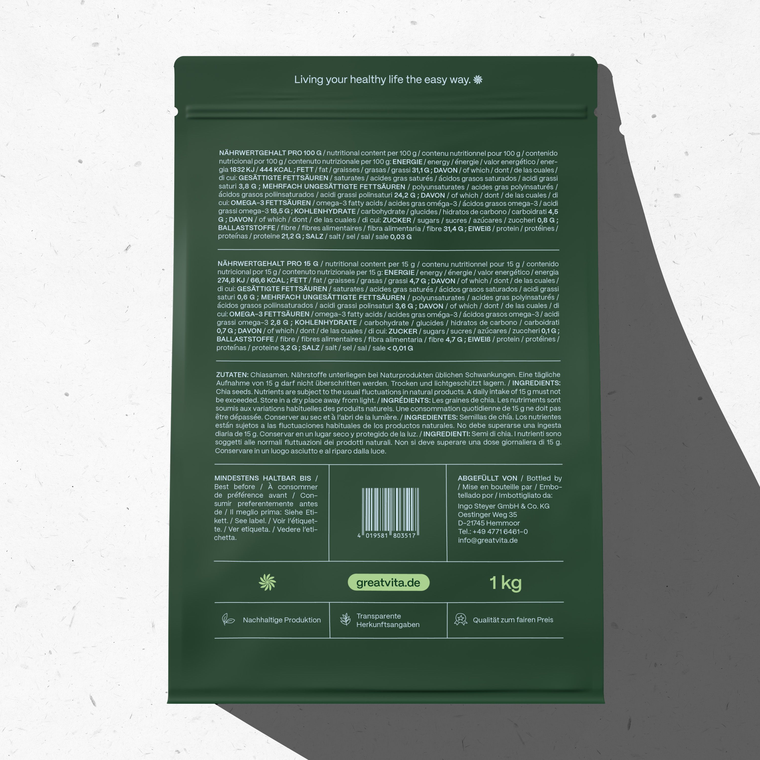 Emballage vert avec texte et informations nutritionnelles. Contient des graines de chia. Paquet de 1 kg. Dos avec code-barres et logo.