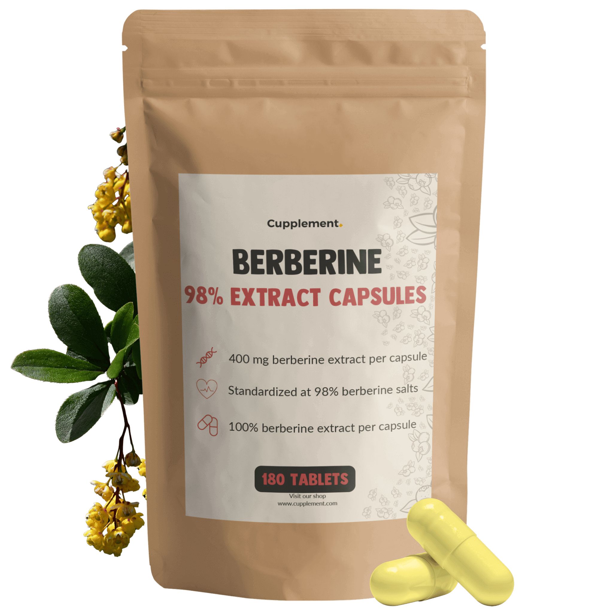 Zakje met capsules. Opschrift: Berberine 98% Extract Capsules. Twee capsules en een tak met gele bloemen.
