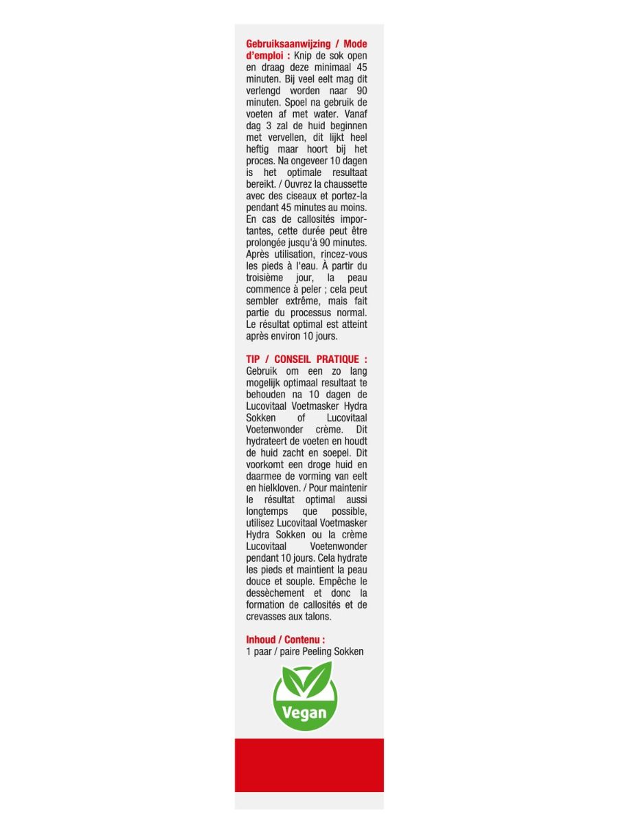 Vue latérale de l'emballage des chaussettes exfoliantes Lucovitaal. Mode d'emploi et label végétalien.