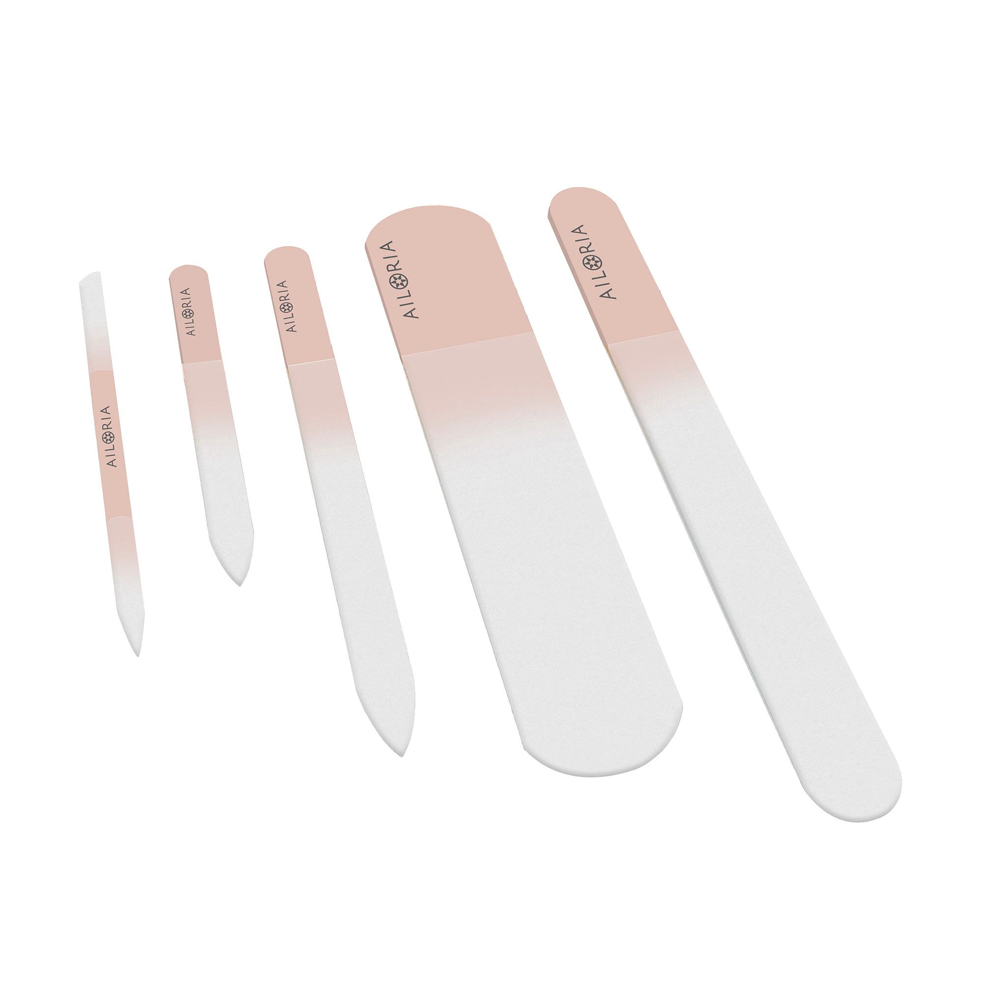 Cinq limes à ongles de différentes formes et tailles. Coloris rose et blanc. Marque AILORIA sur chaque lime.