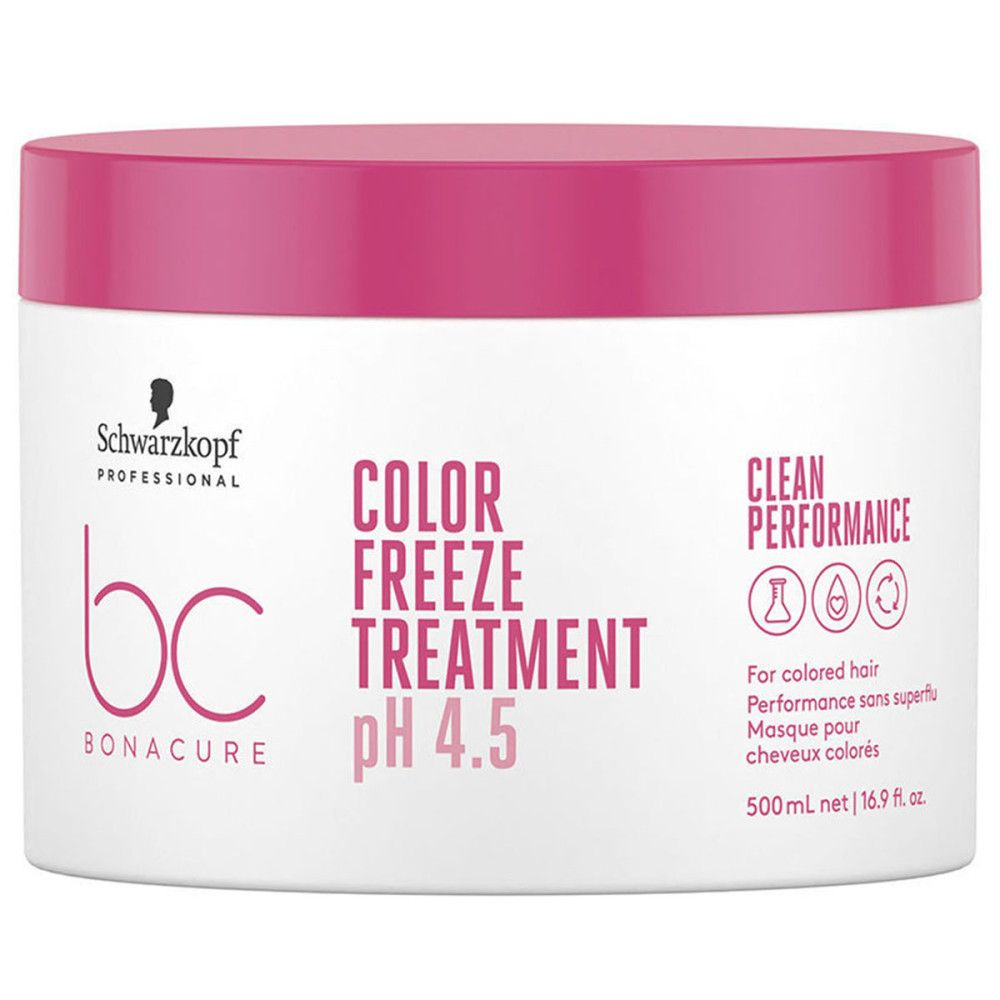 Pot blanc avec couvercle rose. Schwarzkopf BC Bonacure, Color Freeze Treatment pH 4.5. 500ml. Inscription Clean Performance.